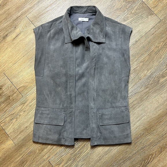 Vince Jackets & Blazers - VINCE Vest Nubuck 100% Lamb Leather Genuine Cap Sleeve Grey Zip Front Women's XS